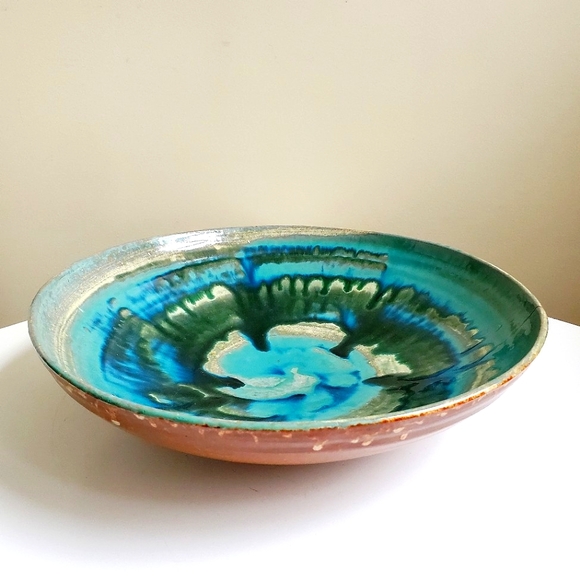 Large Mid Century Teal Glazed Studio Art Pottery Bowl, Signed - Picture 4 of 16